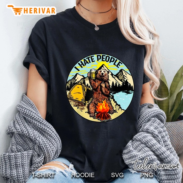 I Hate People Camping Bear With Beer Version Ladies Tee