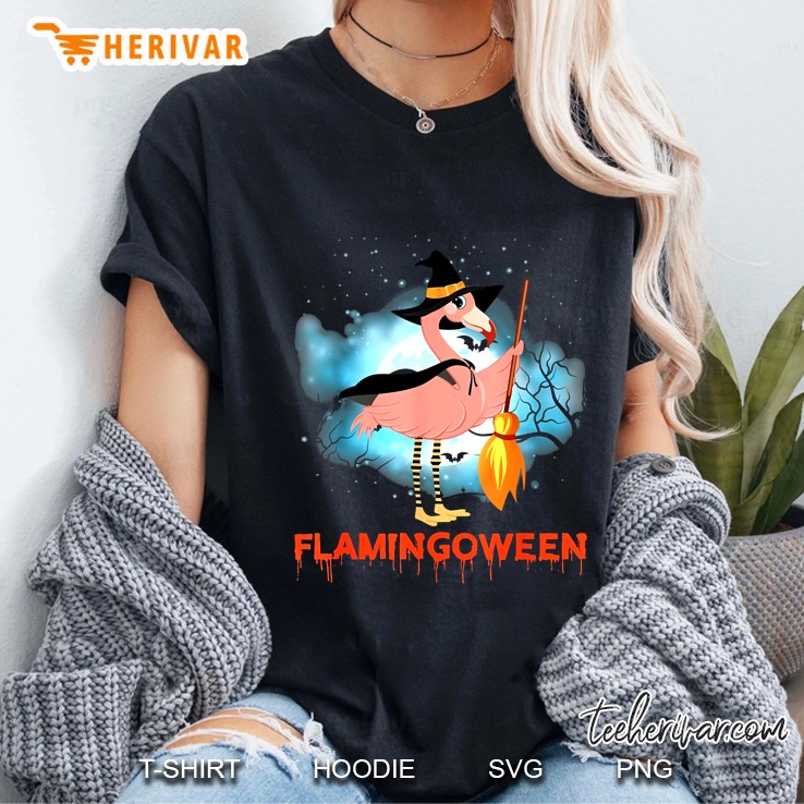 Flamingoween Flamingo Witch Halloween Ladies Tee