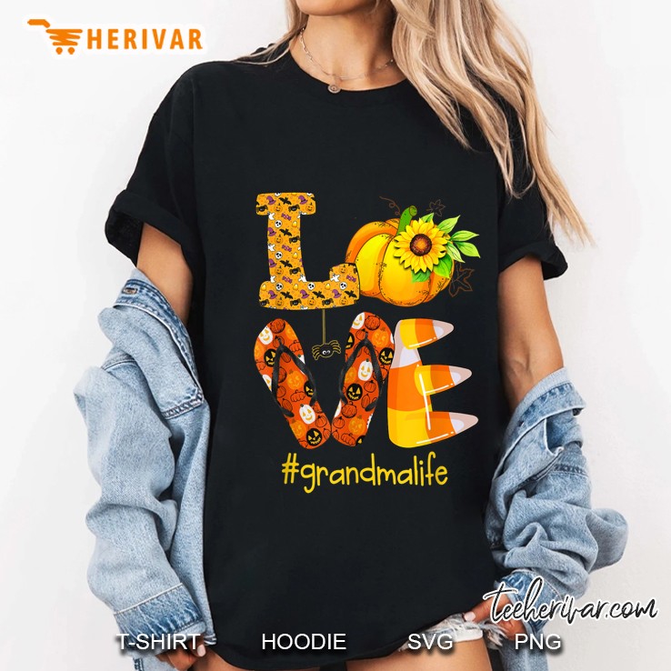 Love RV Sunflower Pumpkin Flip Flops Halloween Grandmalife Black Version Ladies Tee