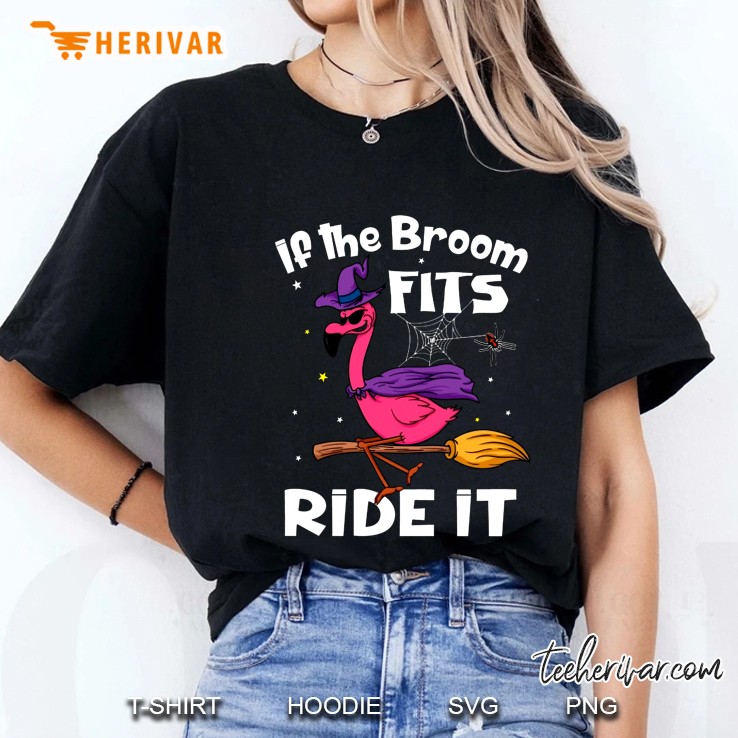 If The Broom Fits Ride It Flamingo Witch Halloween Ladies Tee