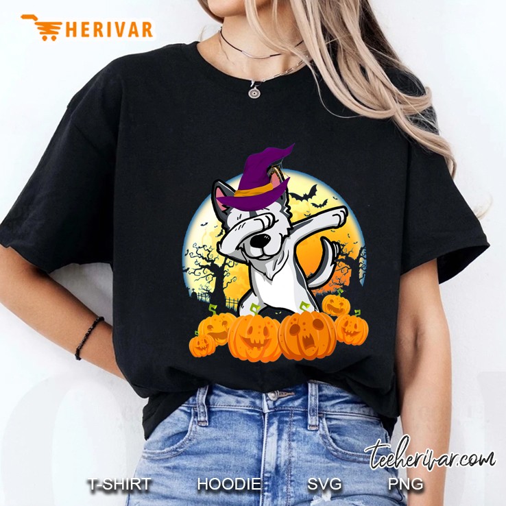 Husky Dabbing Witch Hat Halloween Moon Ladies Tee