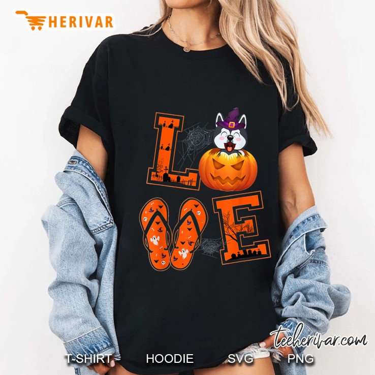 Love Pumpkin Flip Flops Husky Dog Halloween Ladies Tee