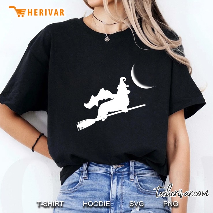 Corgi Witch Flying With Broom Silhouette Halloween Ladies Tee