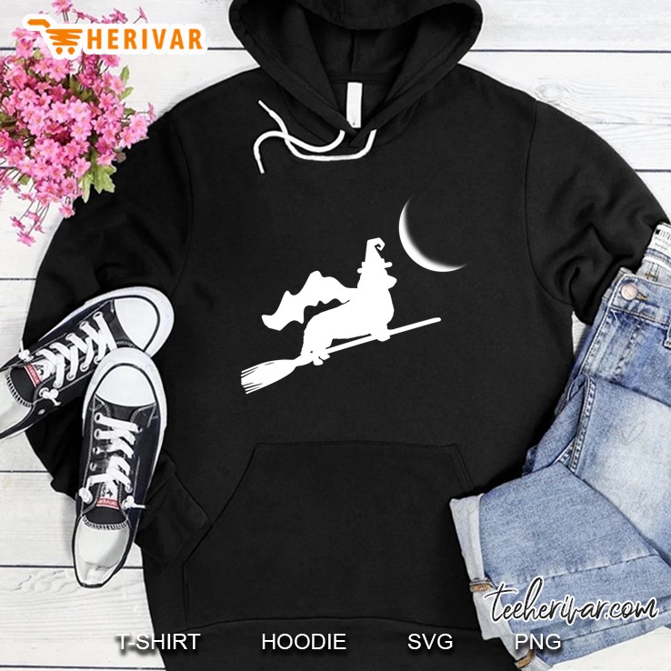 Corgi Witch Flying With Broom Silhouette Halloween Hoodie