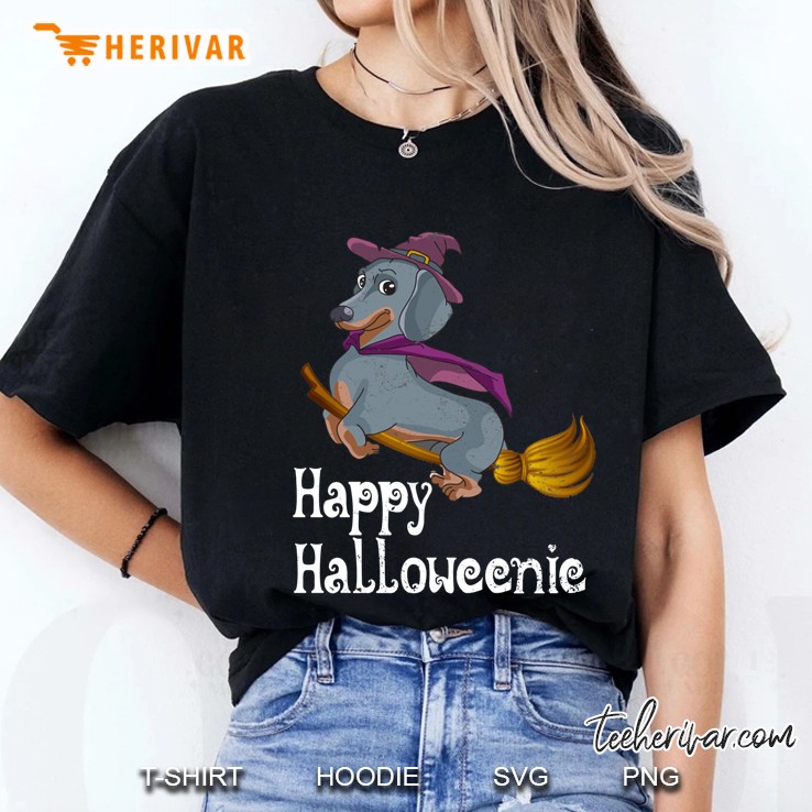 Happy Halloweenic Dachshund Flying On Broom Version Ladies Tee
