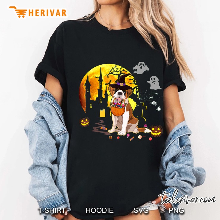 St Bernard Witch Hat And Candy Pumpkin Halloween Ladies Tee