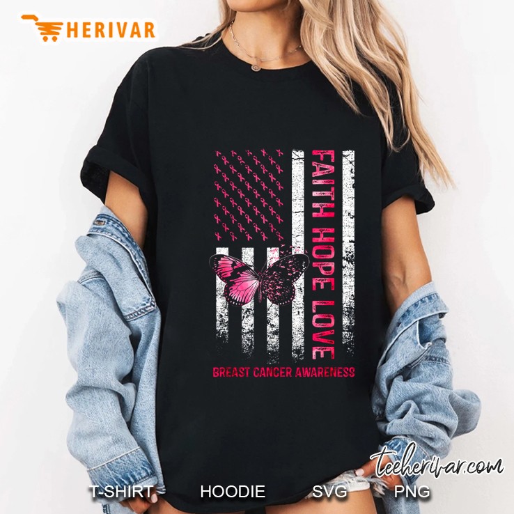 Faith Hope Love Breast Cancer Awareness American Flag Version Ladies Tee