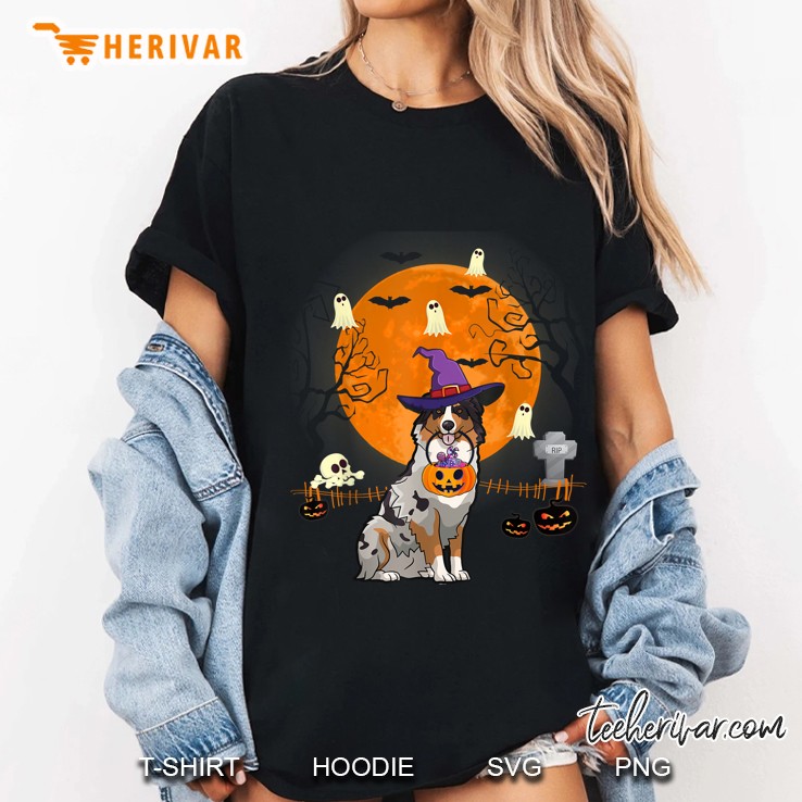 Australian Shepherd Dog Witch Halloween Ladies Tee