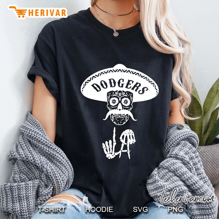 Los Angeles Dodgers Sugar Skull With Sombrero & Mustache Ladies Tee