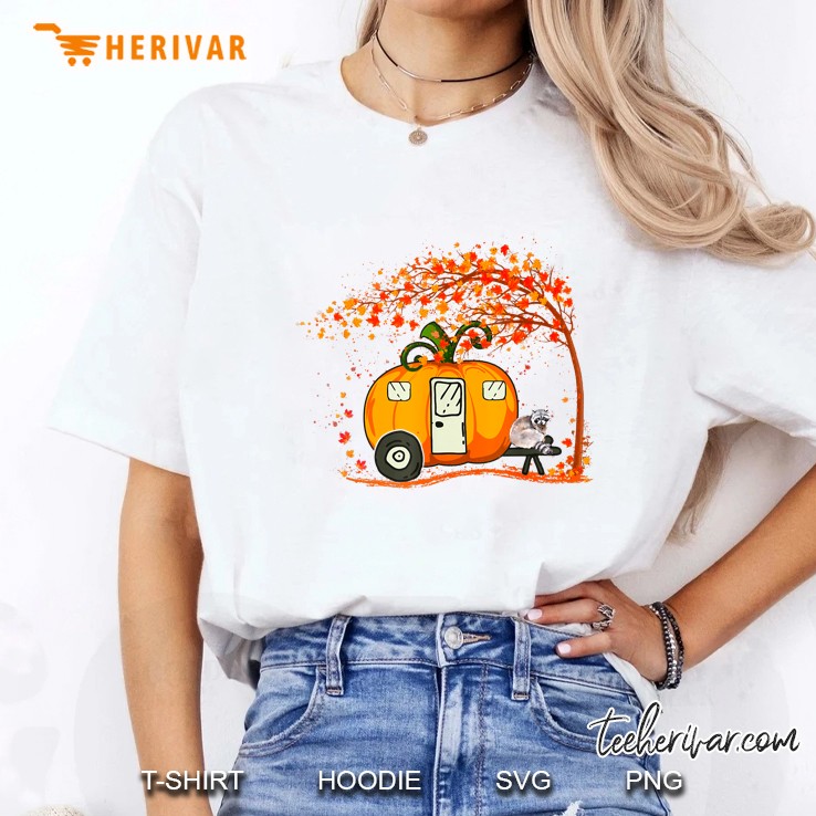 Cute Raccoon Pumpkin Camping Van Autumn Leaves Fall Ladies Tee