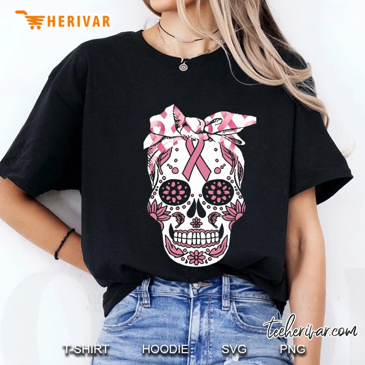 Breast Cancer Sugar Skull Black Version Ladies Tee