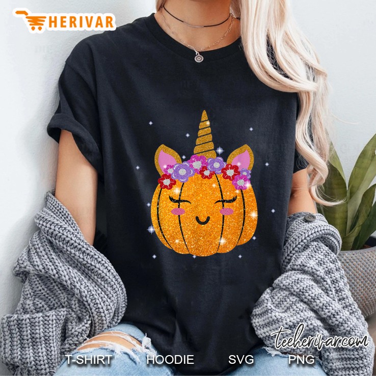 Cute Unicorn Pumpkin Floral Crown Glitter Ladies Tee