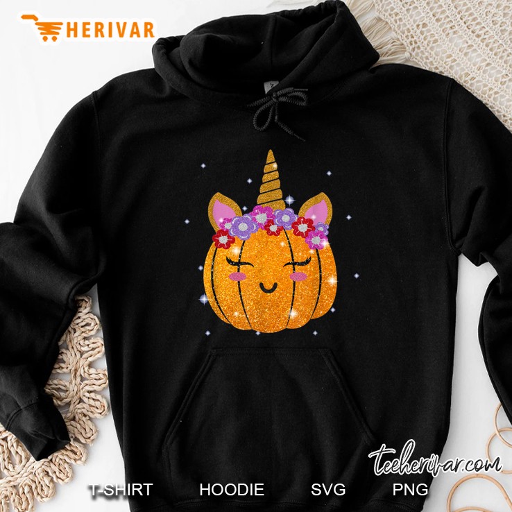 Cute Unicorn Pumpkin Floral Crown Glitter Hoodie