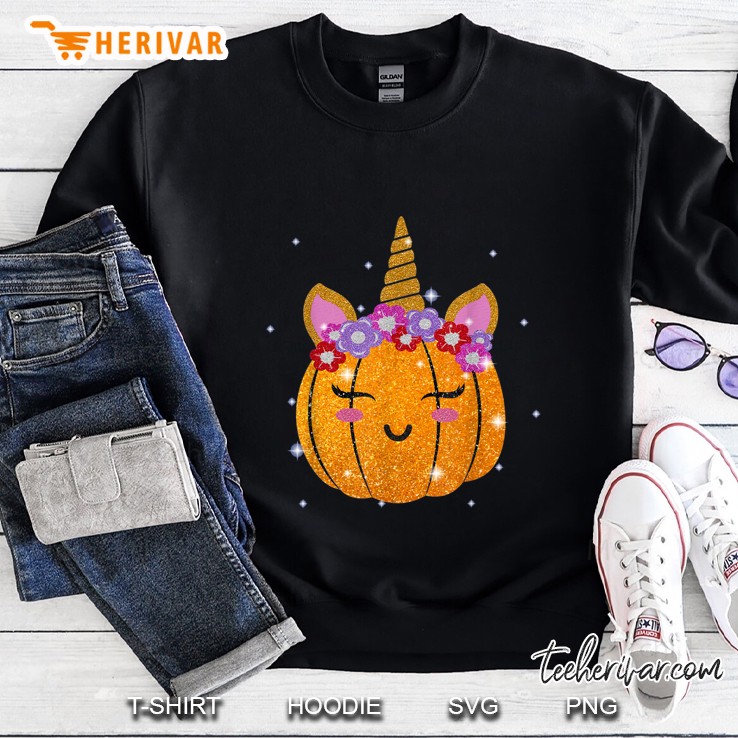 Cute Unicorn Pumpkin Floral Crown Glitter Sweatshirt
