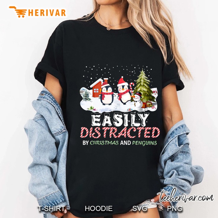 Easily Distracted By Christmas And Penguins Ladies Tee