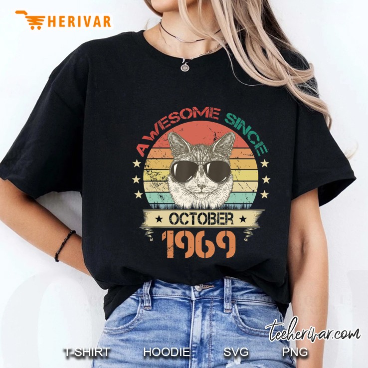 Awesome Since October 1969 Cat With Glasses Vintage Version Ladies Tee
