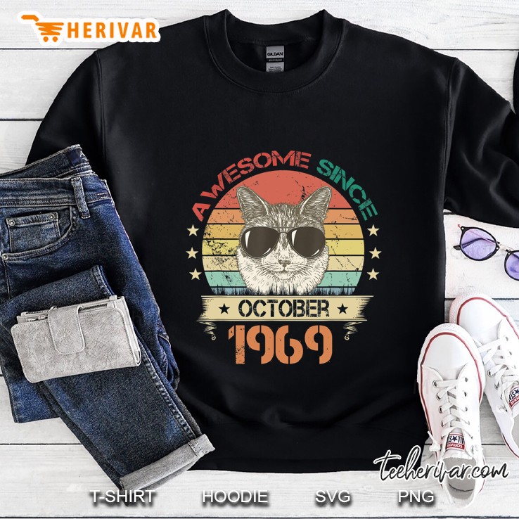 Awesome Since October 1969 Cat With Glasses Vintage Version Sweatshirt