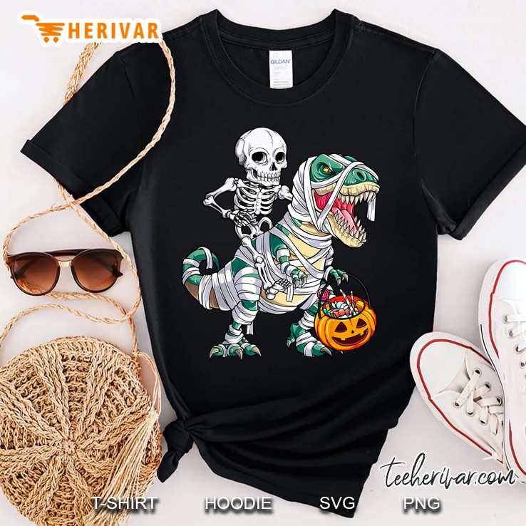 Skeleton Riding Mummy T-Rex Halloween Shirt