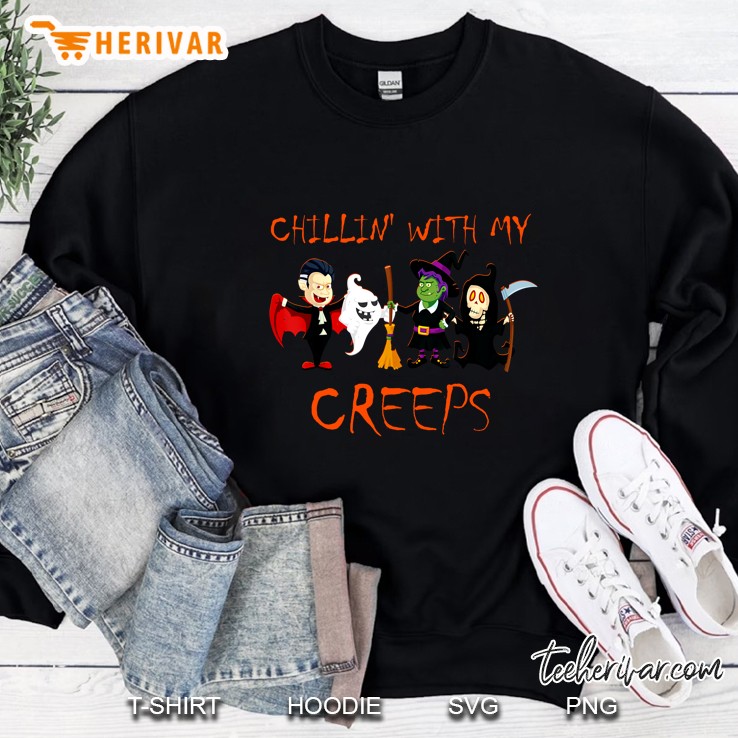 Chillin With My Creeps Vampire Ghost Skeleton Witch Halloween Sweatshirt