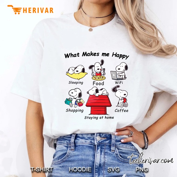 What Makes Me Happy Sleeping Food Wifi Shopping Coffee Staying At Home Snoopy Version Ladies Tee