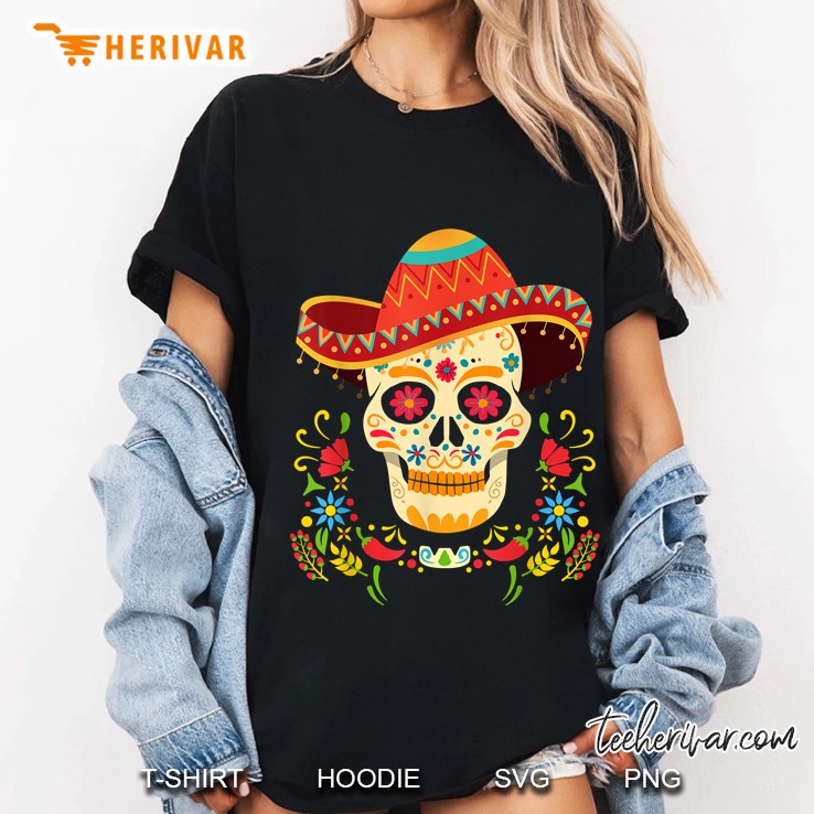 Sugar Skull With Sombrero Day Of The Dead Ladies Tee