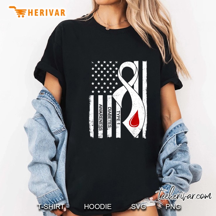 Type 1 Diabetes Awareness Grey Ribbon American Flag Ladies Tee