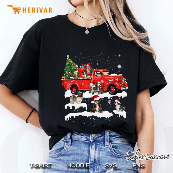 Tibetan Terrier Riding Red Truck Christmas Ladies Tee