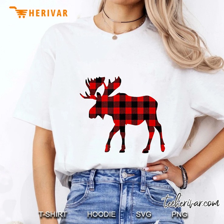 Moose Red Plaid Christmas Ladies Tee