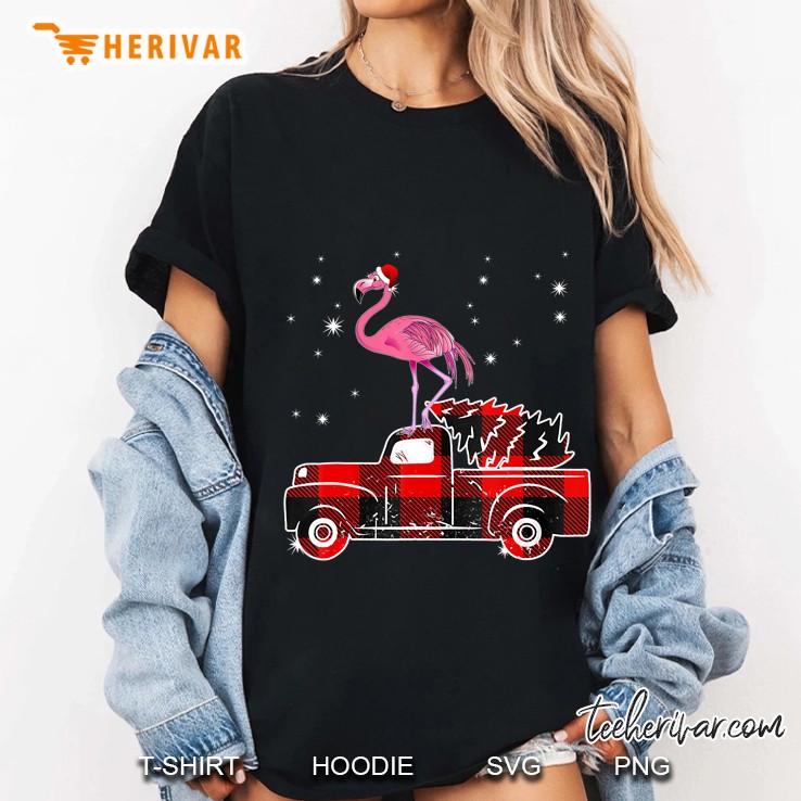 Flamingo Riding Red Plaid Truck Christmas Ladies Tee