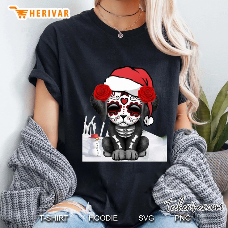 Sugar Skull Dog Santa Hat Christmas Ladies Tee