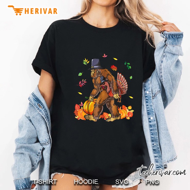 Bigfoot Carrying Turkey Fall Thanksgiving Sasquatch Ladies Tee