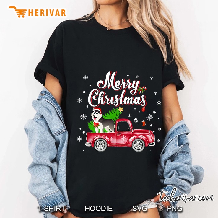 Merry Christmas Husky Retriever Red Truck Ladies Tee
