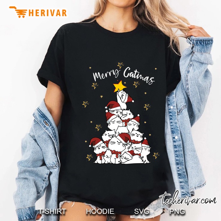 Merry Catmas Cat Santa Hat Christmas Tree Ladies Tee