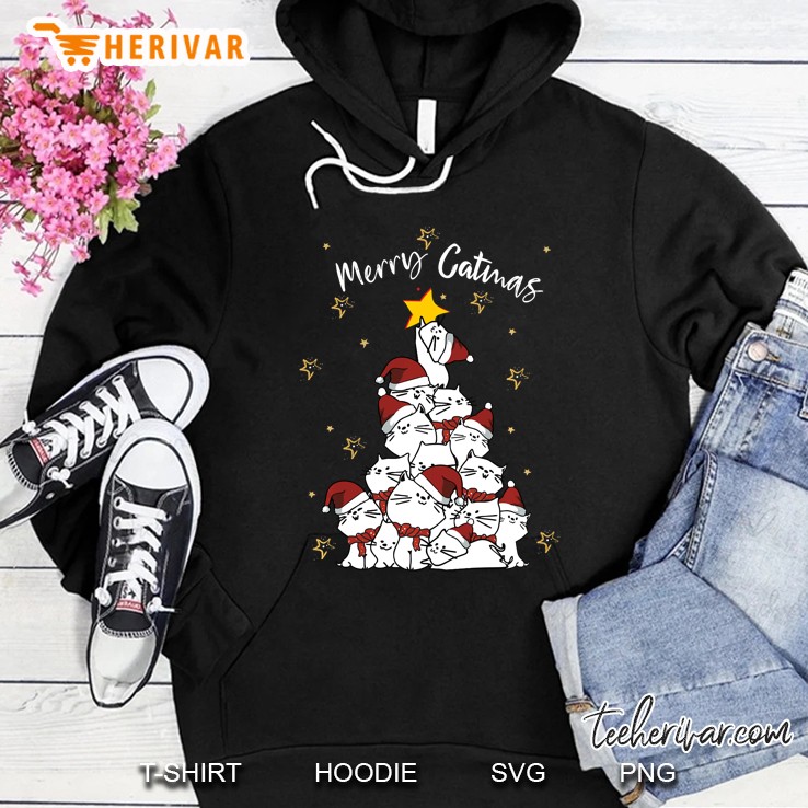 Merry Catmas Cat Santa Hat Christmas Tree Hoodie