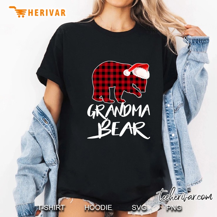 Grandma Bear Plaid Bear Santa Hat Christmas Ladies Tee