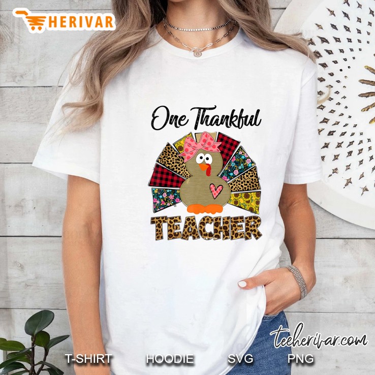 One Thankful Teacher Turkey Leopard Thanksgiving White Version Ladies Tee