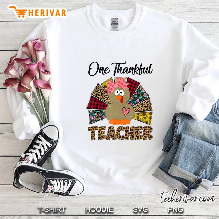 One Thankful Teacher Turkey Leopard Thanksgiving White Version Sweatshirt