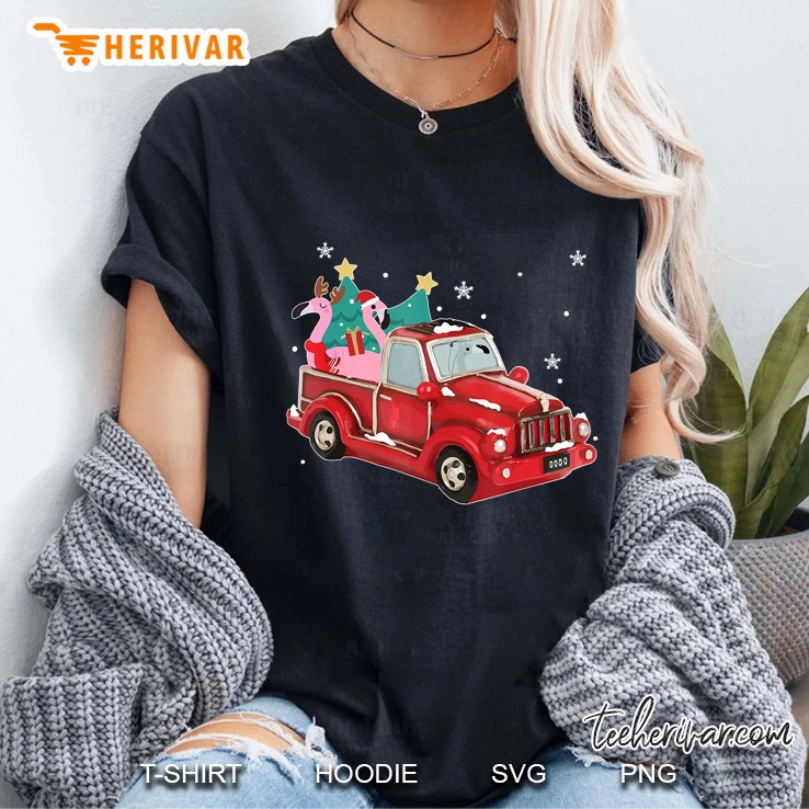 Flamingo Ride Red Truck Pick Up Christmas Tree Ladies Tee