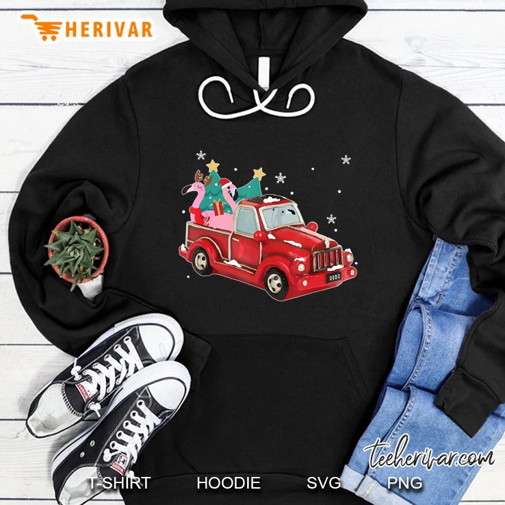 Flamingo Ride Red Truck Pick Up Christmas Tree Hoodie