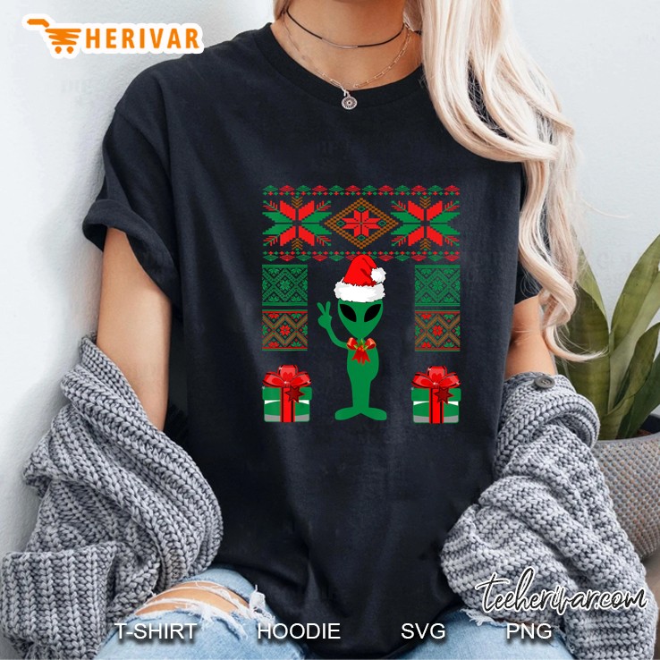 Alien Christmas Space UFO Present Peace Sign Santa Hat Ladies Tee