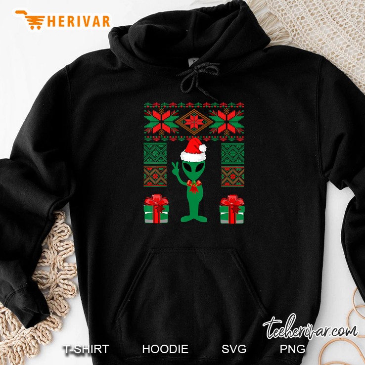 Alien Christmas Space UFO Present Peace Sign Santa Hat Hoodie