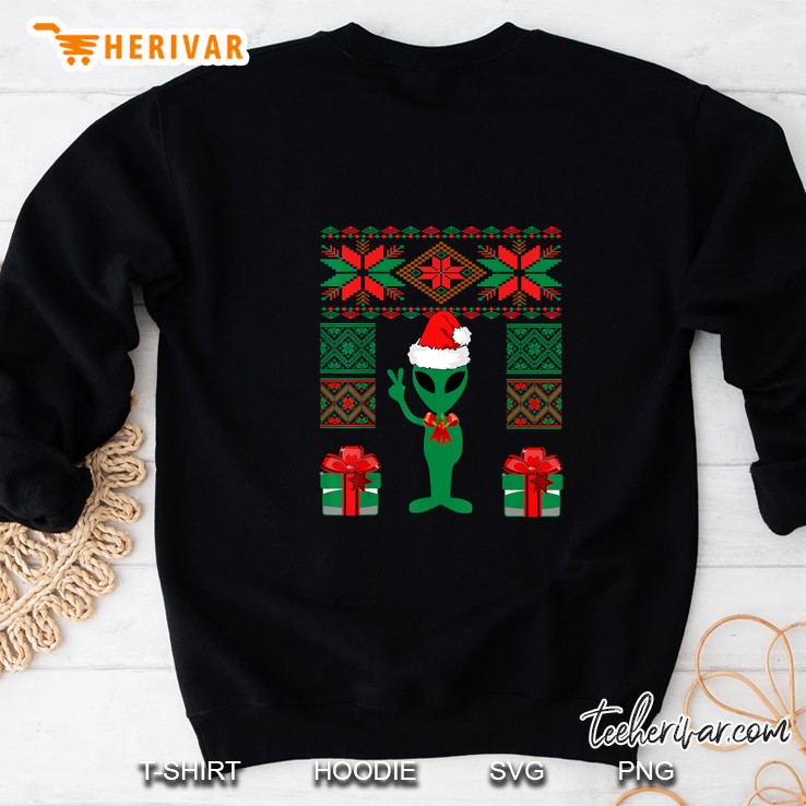 Alien Christmas Space UFO Present Peace Sign Santa Hat Sweatshirt