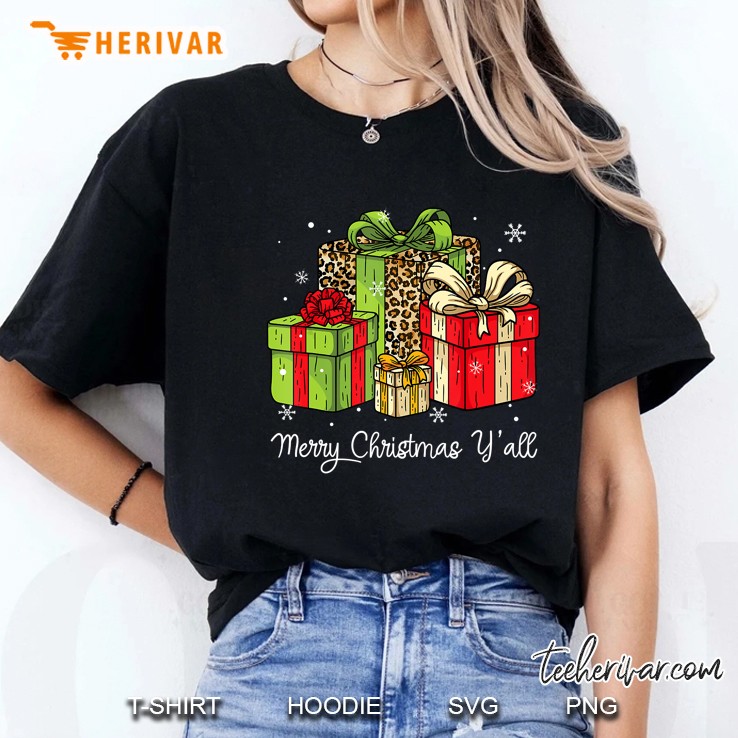 Leopard Print Christmas Gift Box Merry Christmas Y’all Xmas Black Version Ladies Tee