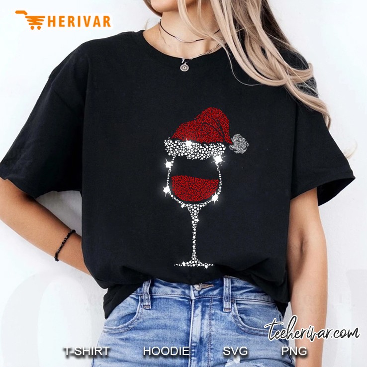 Wine Glass Santa Hat Sparkle Christmas Ladies Tee