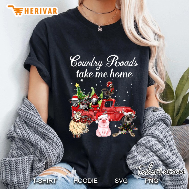 Country Roads Take Me Home Cattle Farmer Red Truck Christmas Ladies Tee
