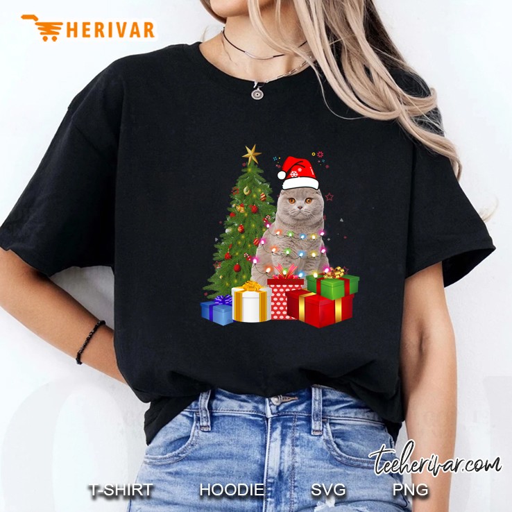 Santa Scottish Fold Cat Christmas Tree Ladies Tee