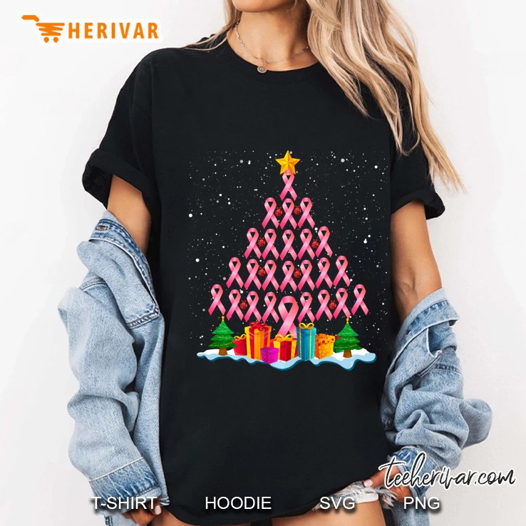 Pink Ribbon Christmas Tree Breast Cancer Awareness Ladies Tee