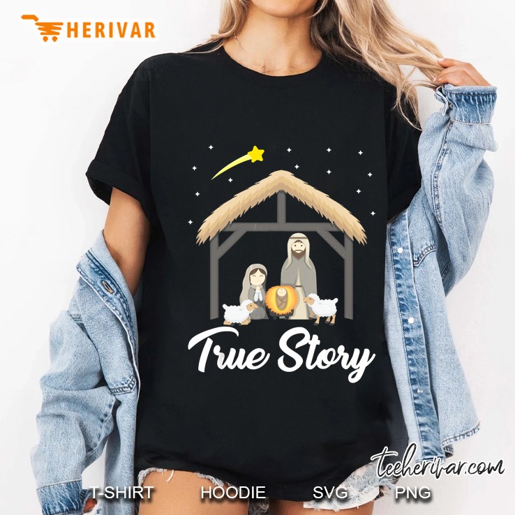 True Story Christmas Nativity Baby Jesus In The Cradle Version2 Ladies Tee