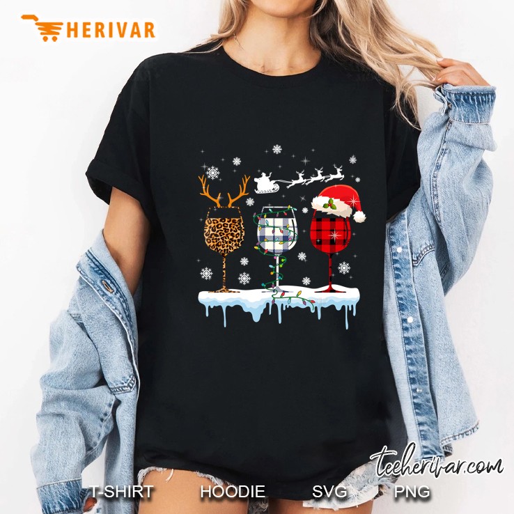 Leopard Plaid Three Glasses Of Wine Christmas Ladies Tee