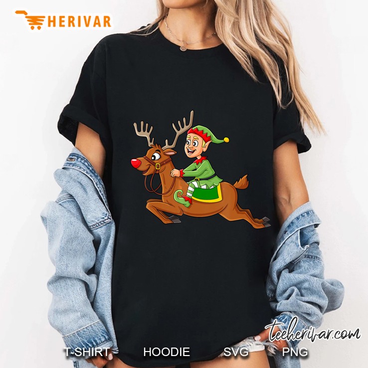 Elf Riding Reindeer Christmas Ladies Tee